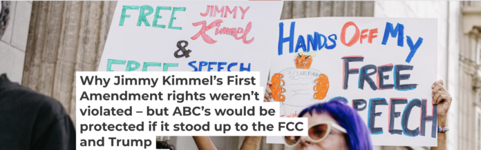 A crowd protests in Hollywood, Calif., on Sept. 18, 2025, after the suspension of the ‘Jimmy Kimmel Live!’ taping earlier in the day. David Pashaee / Middle East Images via AFP, Getty Images
